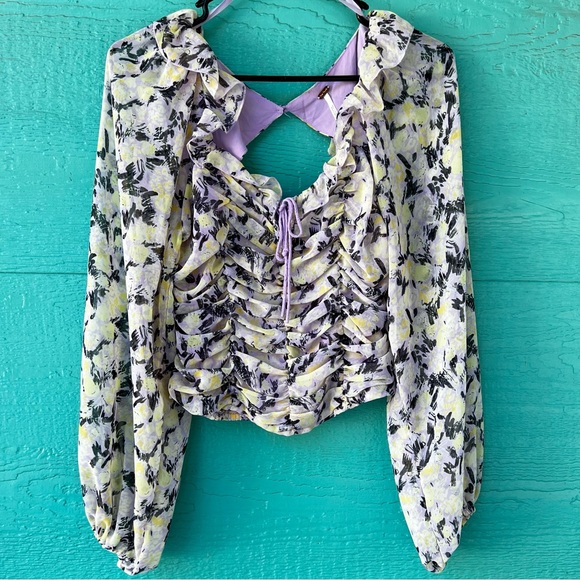 FREE PEOPLE BOHO LILAC PATTERN RUCHED SMOCKED PEASANT BLOUSE TOP SIZE SMALL - Picture 7 of 15